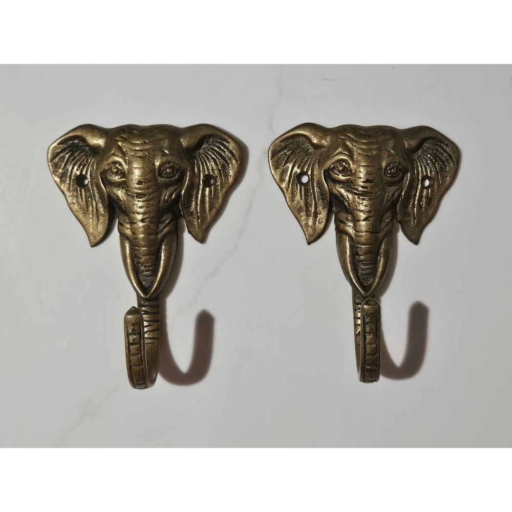 Vintage Brass Elephant Head Wall Hooks Set of 2 Antique Gold Safari Decor